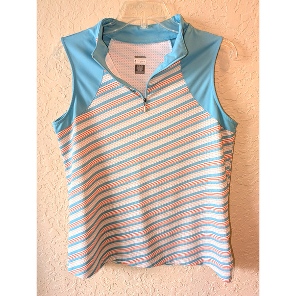 Nancy Lopez Womens Golf Shirt Light Blue Orange Striped Size L Desert Dry - Picture 1 of 5